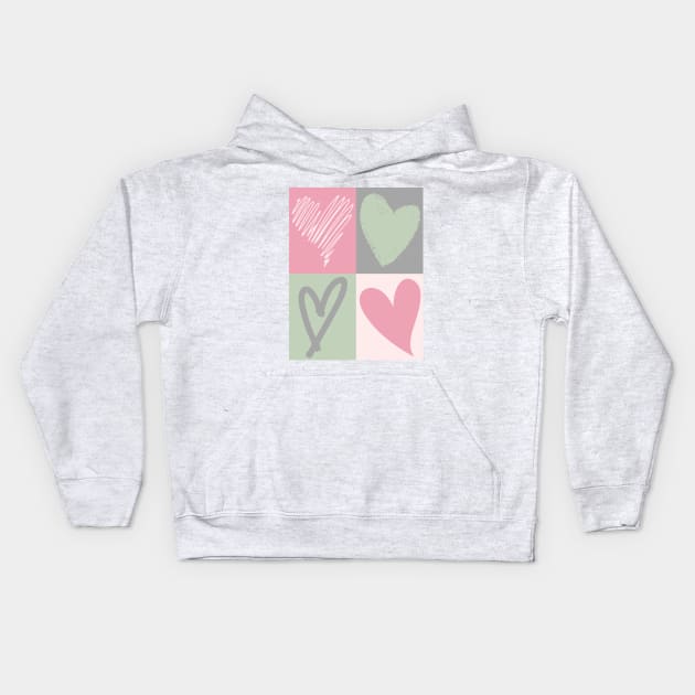 Pastel heart print, green, pink, grey, Kids Hoodie by Kristalclick 